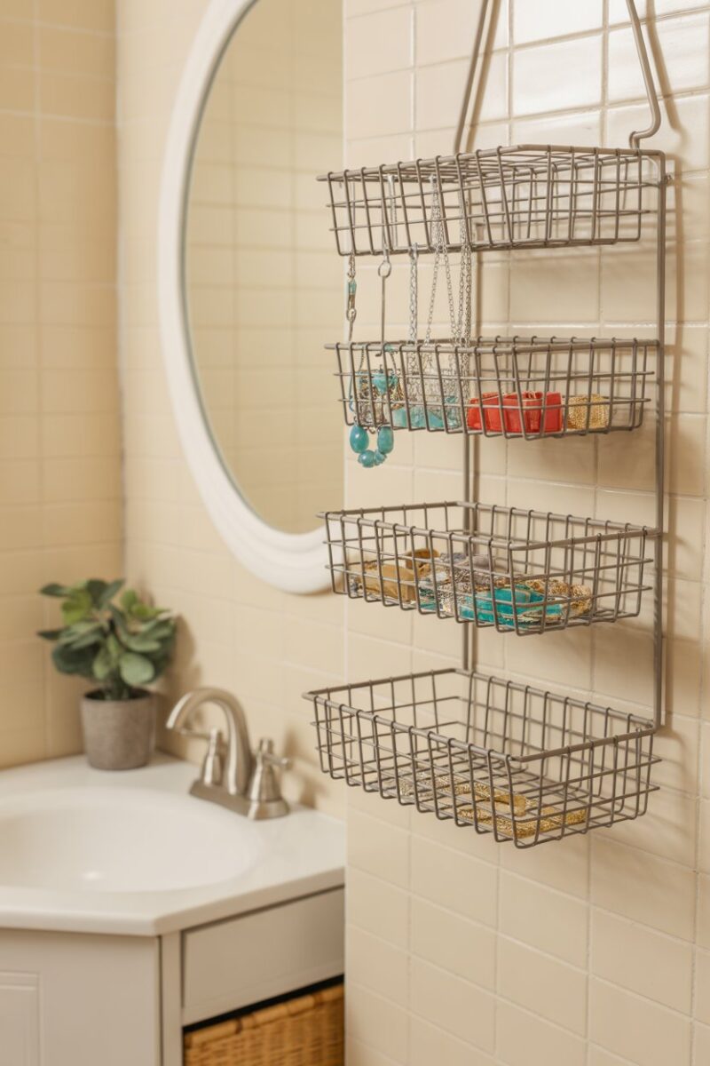 A bathroom with a hanging wire basket organizer displaying colorful jewelry.