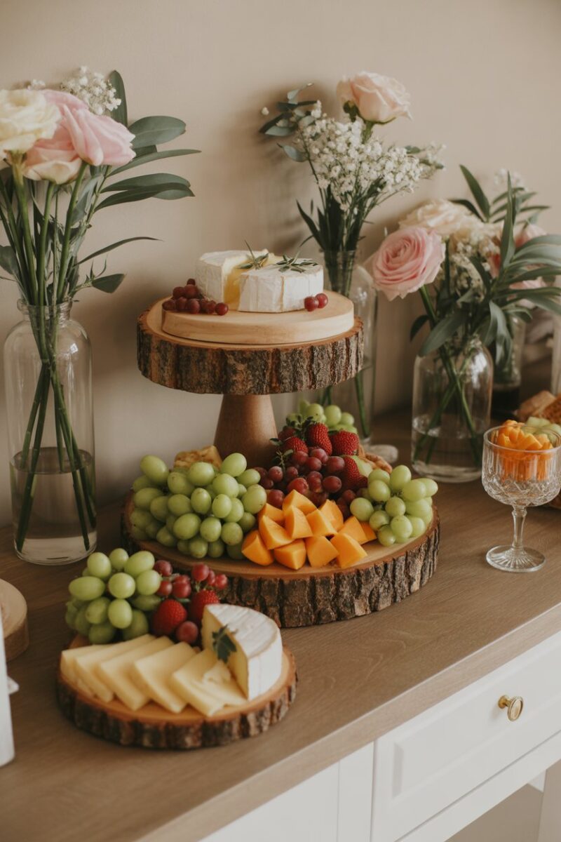 A beautifully arranged snack station with fruits, cheese, and flowers.