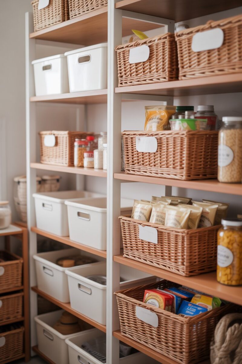 Organized pantry with woven baskets and bins on shelves.
