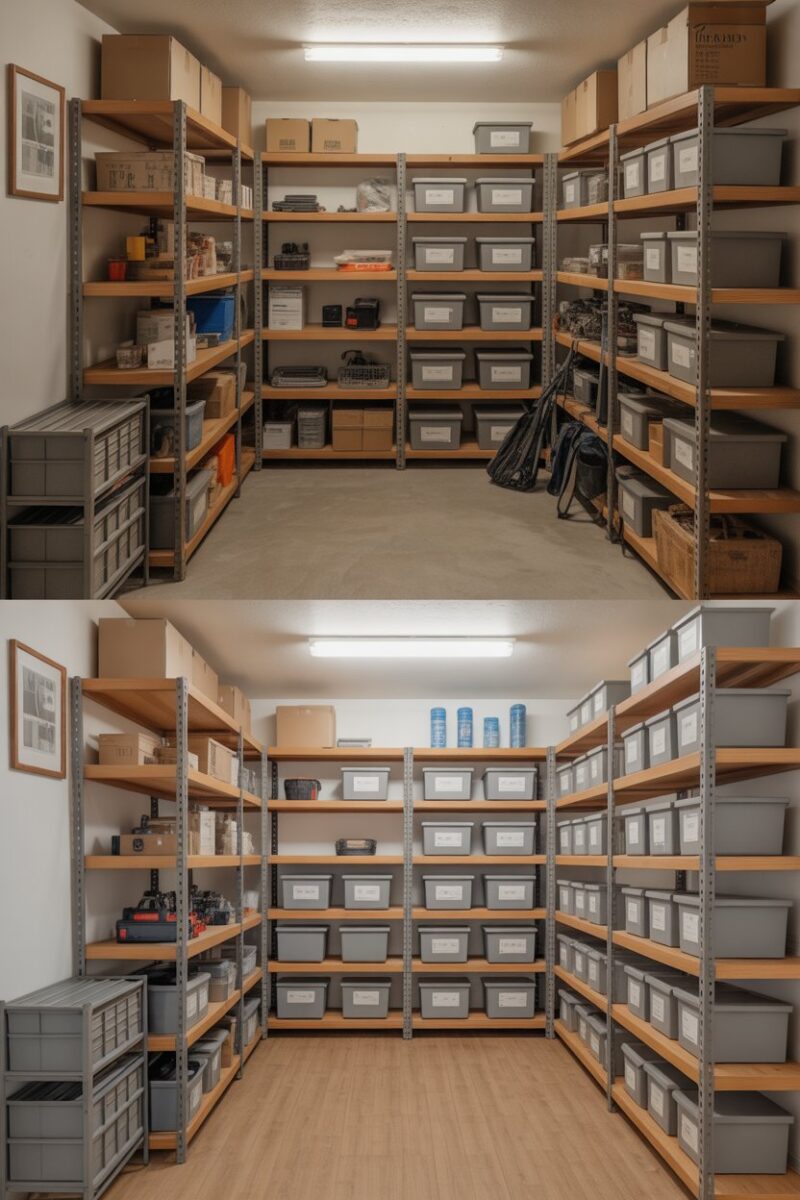 A before and after image of a cluttered storage room transformed into an organized space.