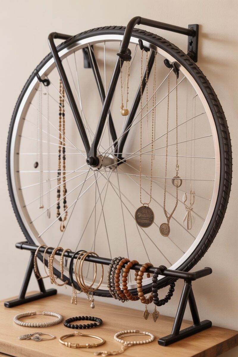A bicycle wheel jewelry rack displaying various necklaces and bracelets.