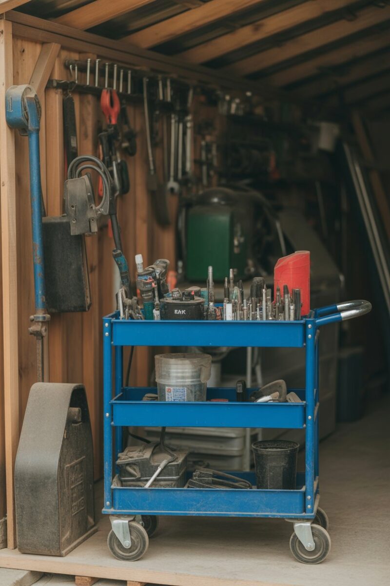 A blue tool cart filled with various tools, positioned inside a shed.