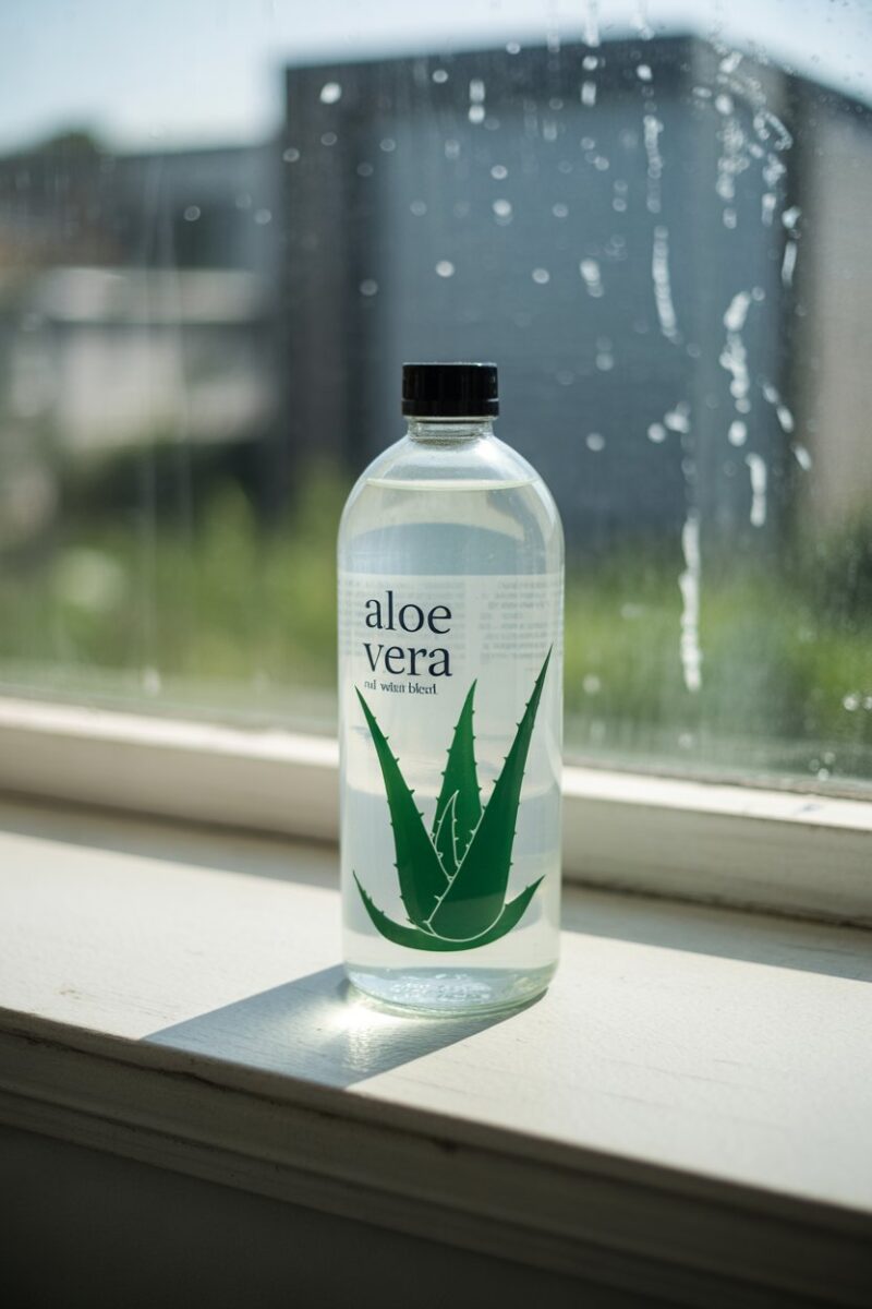 A bottle of aloe vera and water blend on a windowsill with a slightly dirty window in the background.