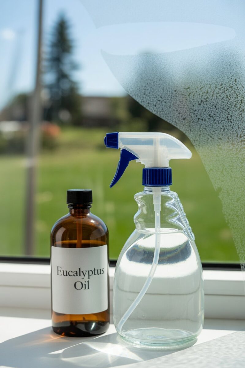 A bottle of eucalyptus oil and a spray bottle of window cleaner on a windowsill with a partially cleaned window.
