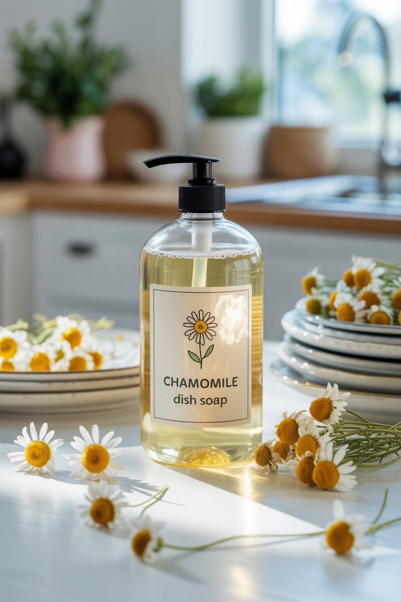 A bottle of chamomile dish soap surrounded by clean dishes and dried chamomile flowers.