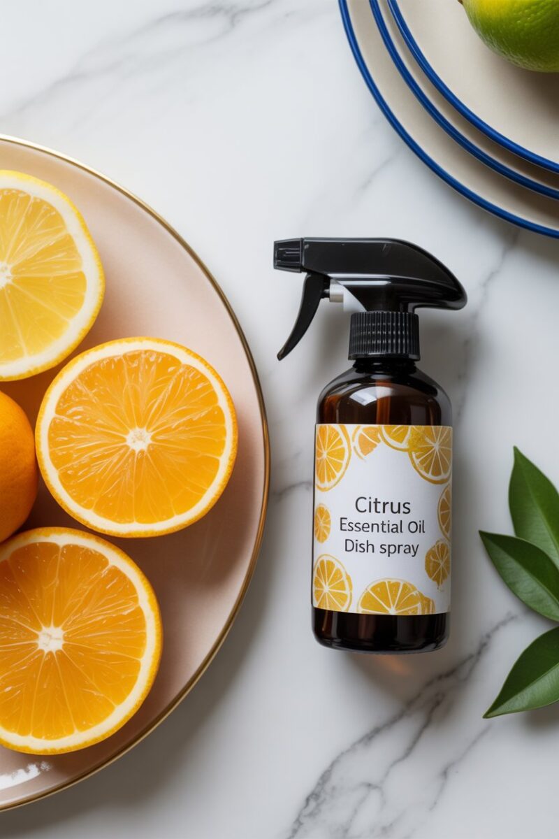 A bottle of citrus essential oil dish spray next to fresh citrus fruits and clean plates.