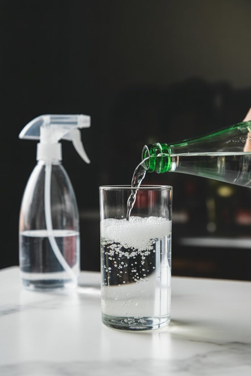 A bottle of club soda being poured into a glass with bubbles, next to a spray bottle.