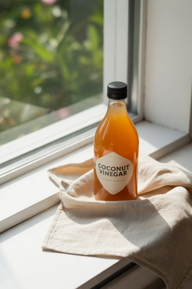 A bottle of coconut vinegar with a white cloth, placed near a window.