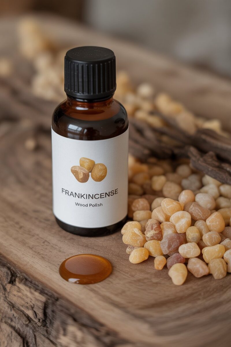 Bottle of frankincense wood polish next to grains and a drop of polish on a wooden surface.