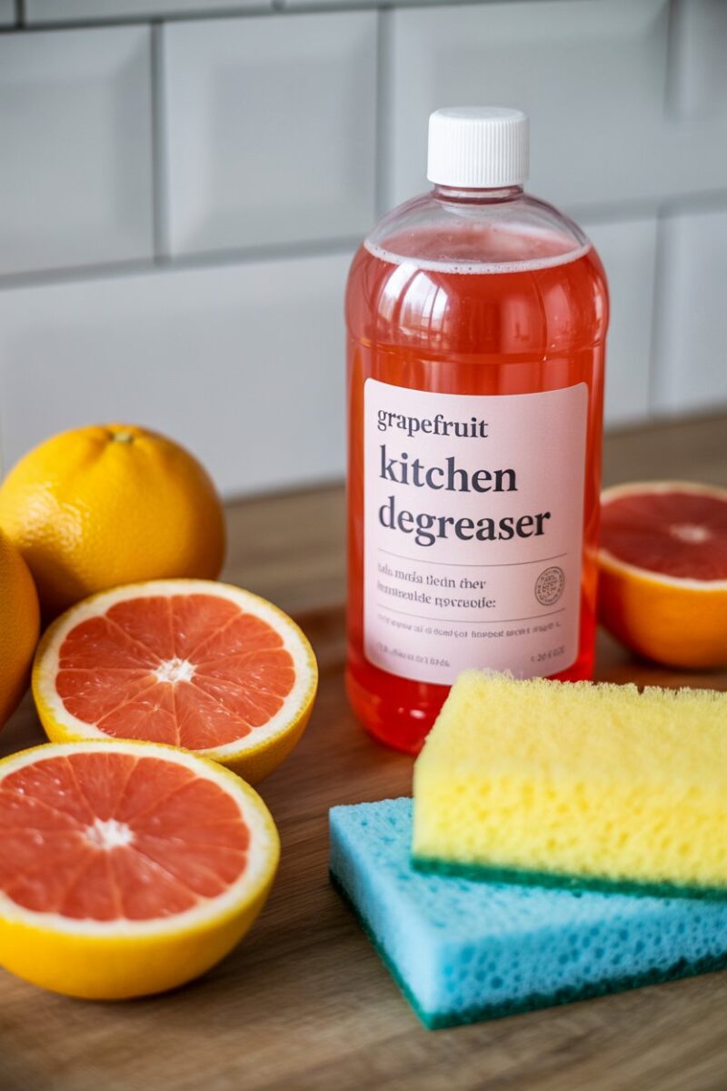 A bottle of grapefruit kitchen degreaser next to fresh grapefruit halves and sponges on a wooden surface.