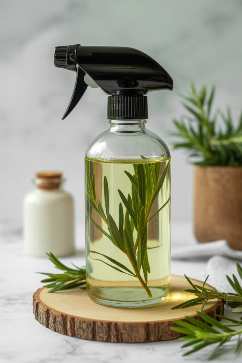 A bottle of homemade tea tree oil disinfectant with leaves inside.