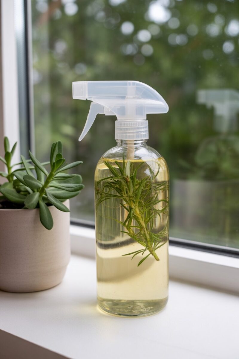 A bottle of homemade window cleaner infused with herbs, sitting on a windowsill next to a plant.