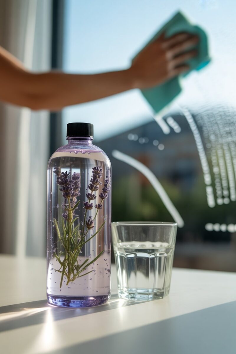 A bottle of lavender water cleaner next to a glass of water and a cleaning cloth, with a window being cleaned in the background.