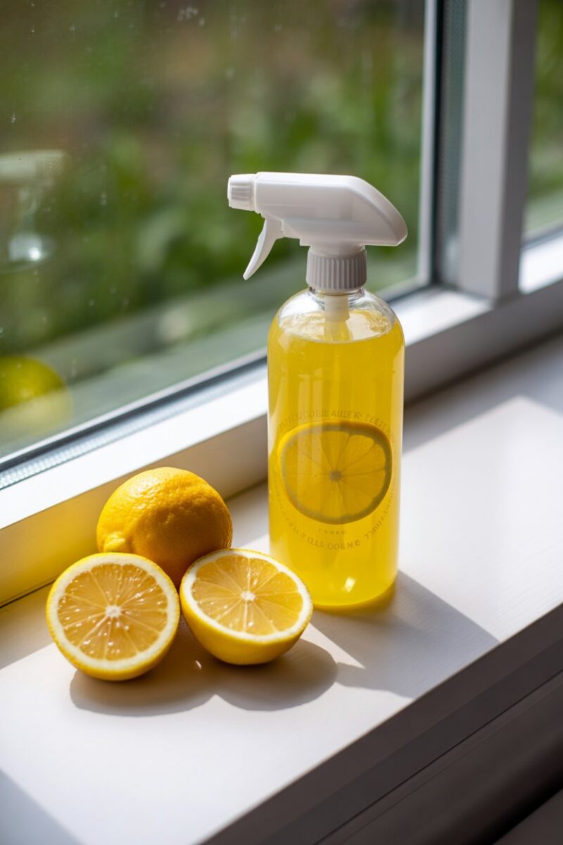 A bottle of lemon glass cleaner next to sliced lemons on a windowsill.