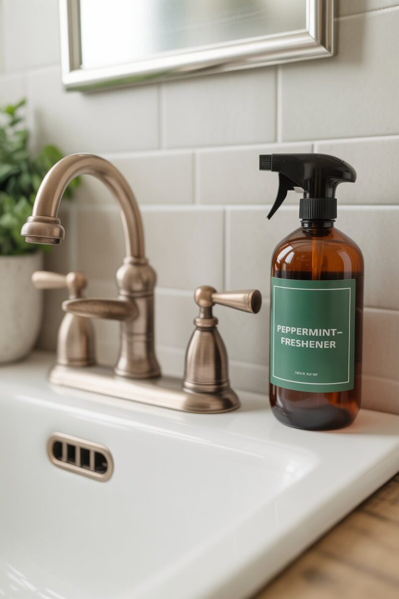 A bottle of peppermint-infused freshener next to a sink with mint leaves.