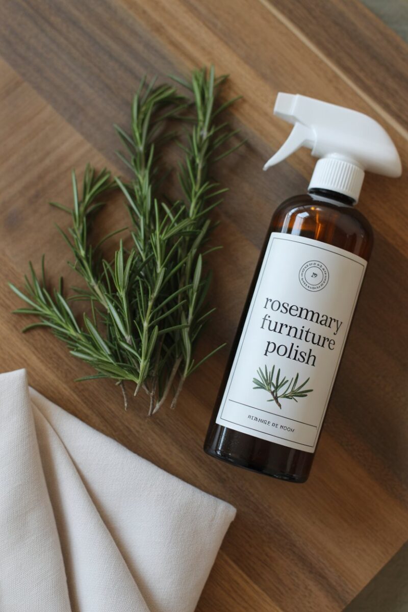 A bottle of rosemary furniture polish next to fresh rosemary sprigs and a cloth on a wooden surface.