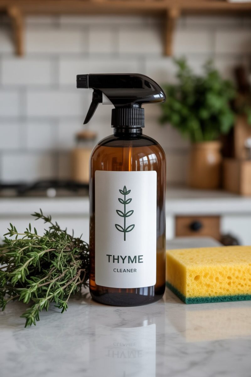 A bottle of thyme cleaner next to fresh thyme and a sponge on a kitchen countertop.