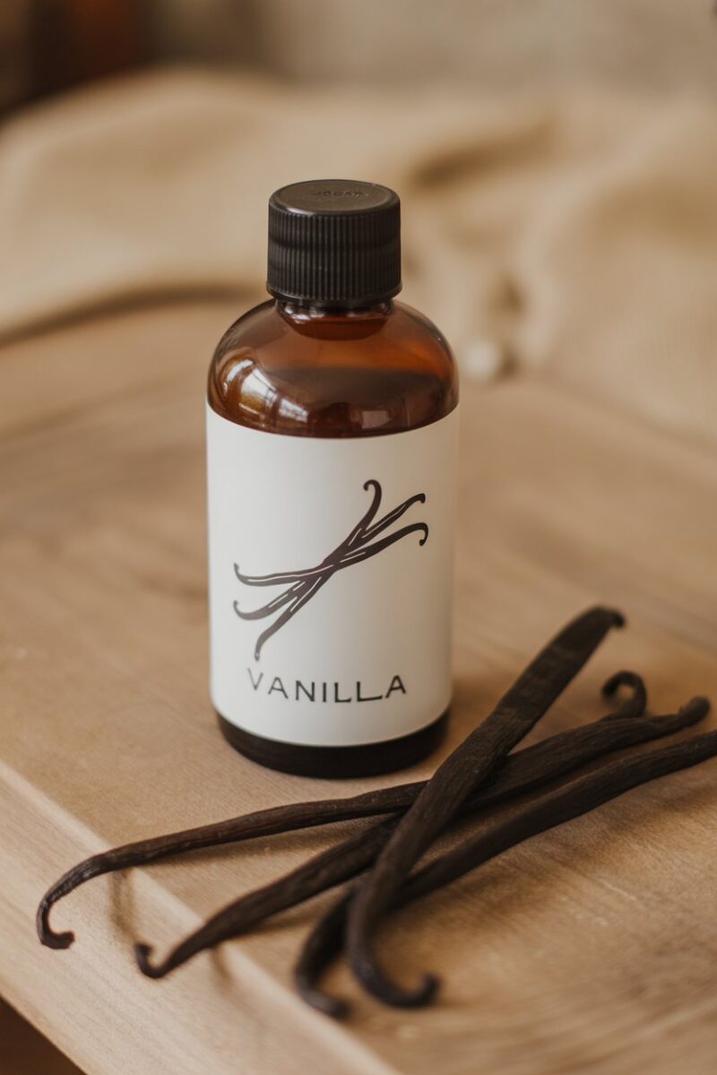 A bottle of vanilla fabric freshener on a wooden surface with vanilla pods.