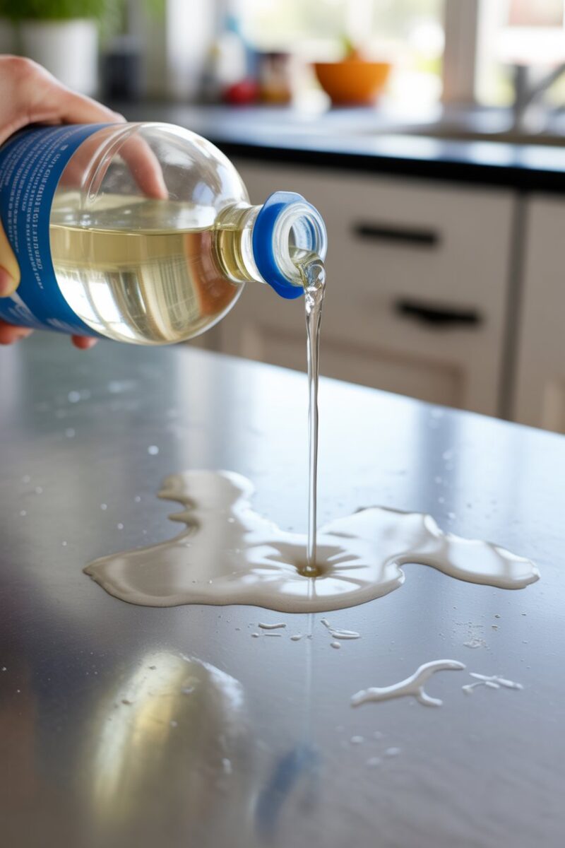 A bottle of vinegar pouring onto a surface with sticker residue, demonstrating a cleaning hack.