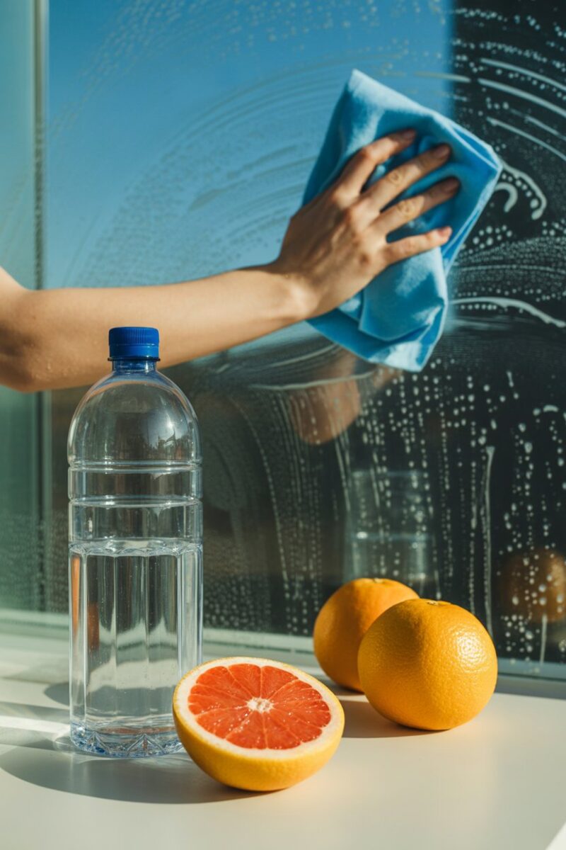 A bottle of water, a halved grapefruit, and two whole grapefruits on a table with a hand cleaning a window.