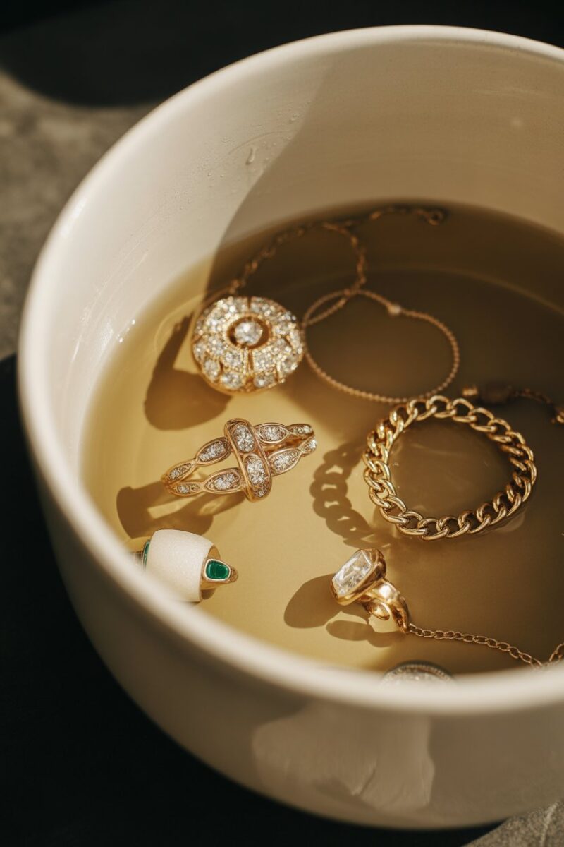 A bowl containing various pieces of jewelry soaking in a clear liquid.