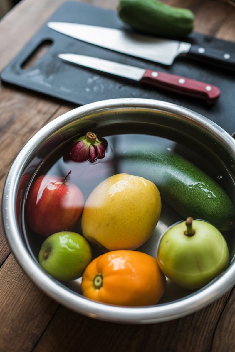 A bowl filled with various fruits and vegetables soaking in water, with knives and a cutting board in the background.