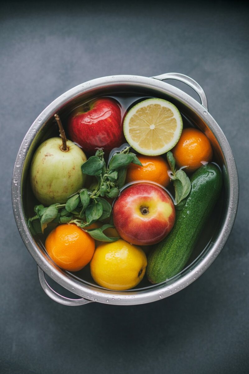A bowl of assorted fruits and vegetables soaking in water.