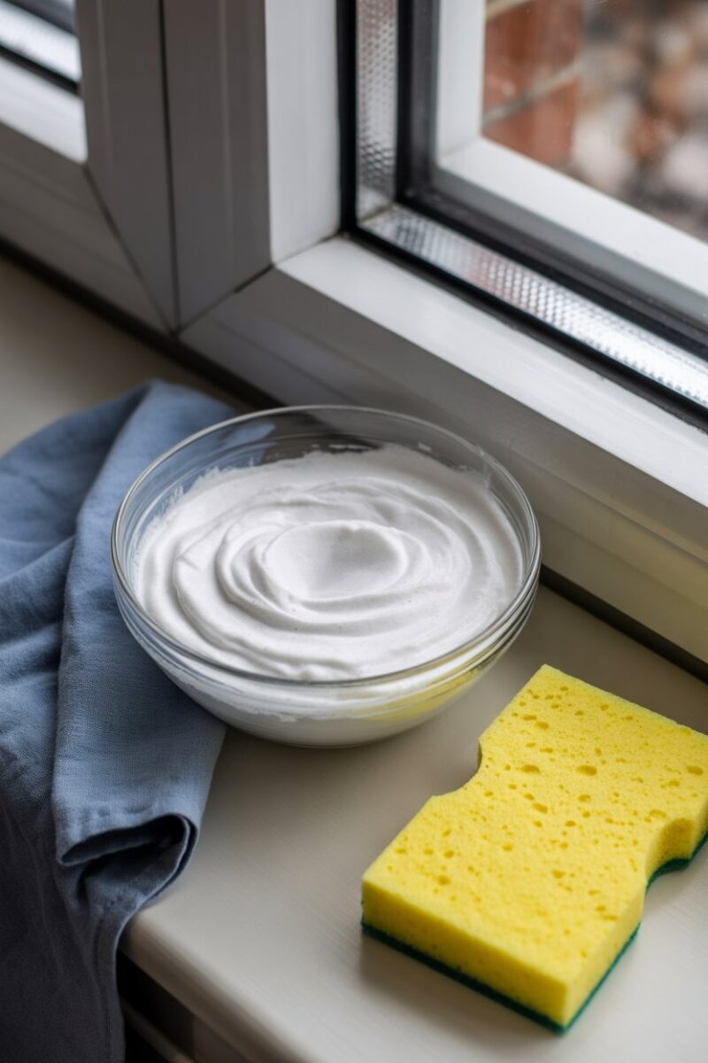 A bowl of baking soda paste with a sponge beside it, ready for cleaning windows.