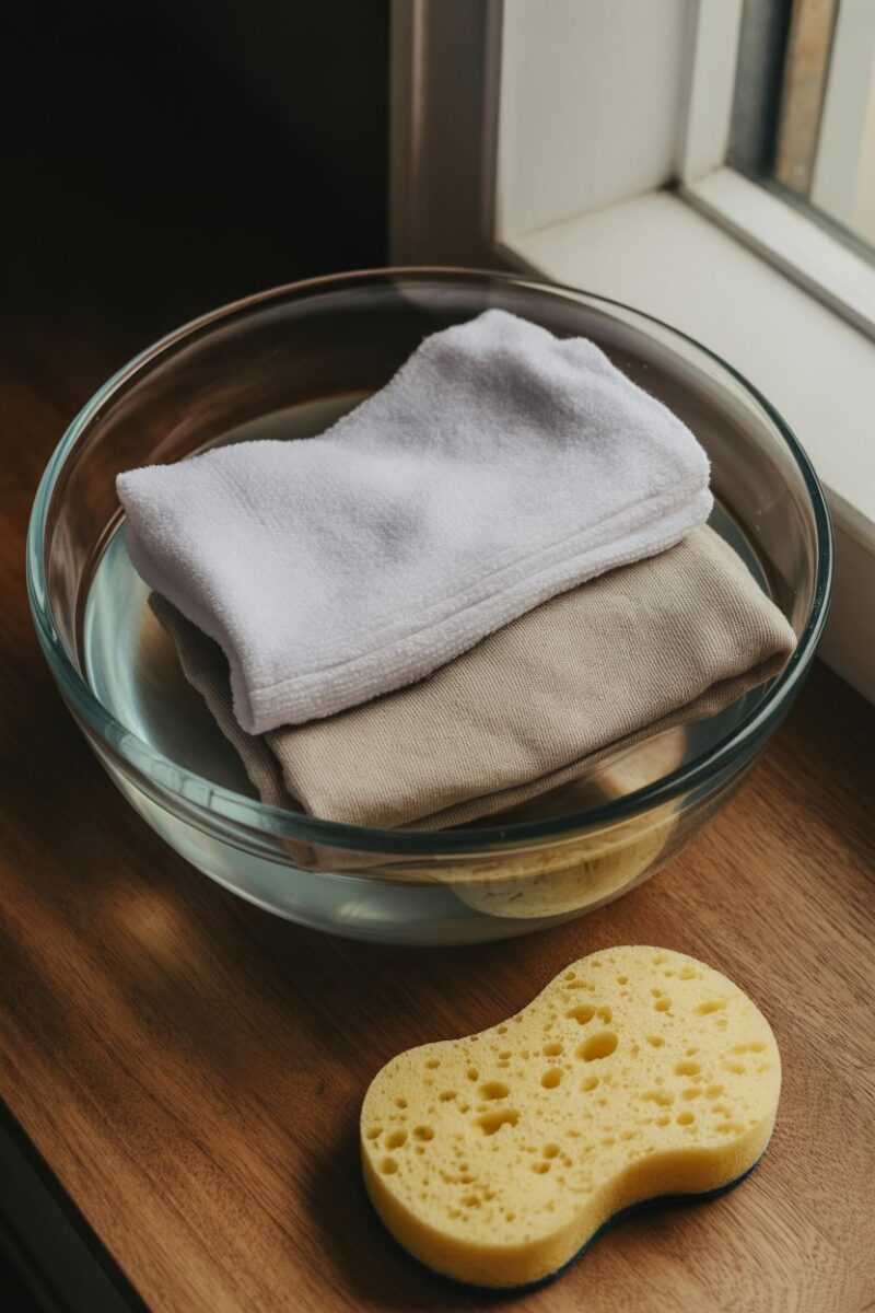 A bowl of water with folded white and beige laundry and a yellow sponge on a wooden surface.