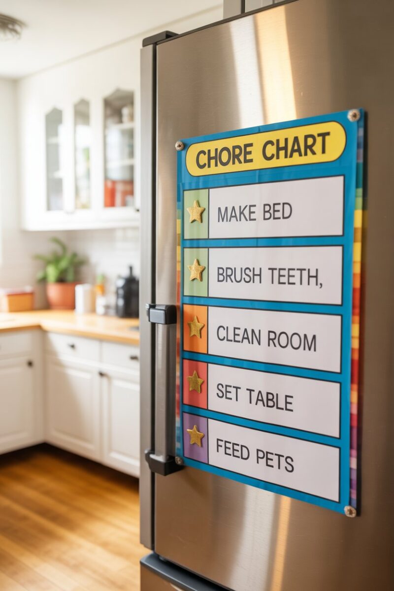 Colorful chore chart with rewards on a refrigerator