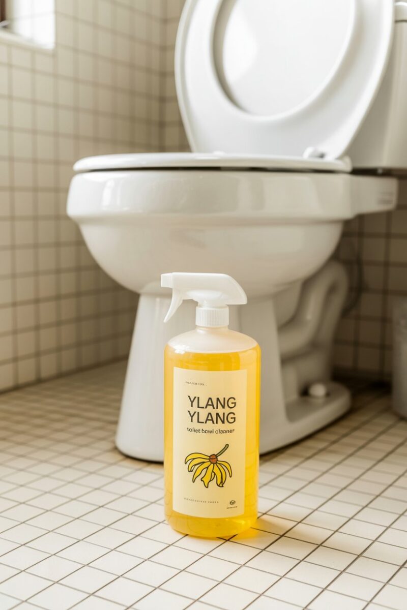 A clean bathroom with a toilet and a bottle of Ylang Ylang toilet bowl cleaner