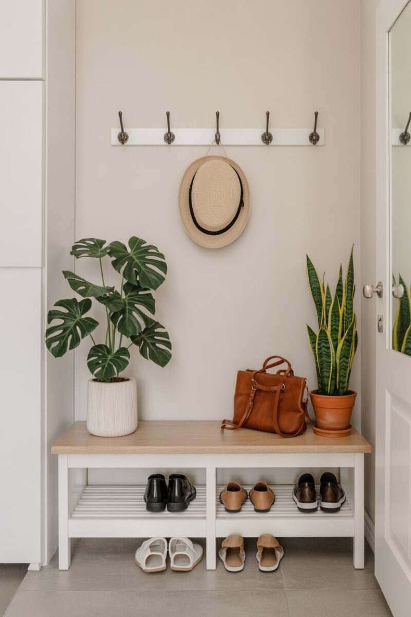 A clean entryway with neatly arranged shoes and plants.