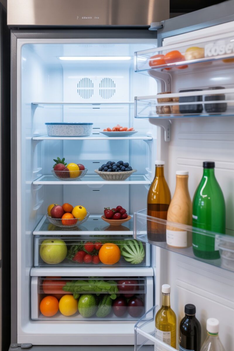 A clean fridge with fresh fruits and vegetables, showcasing a tidy interior.