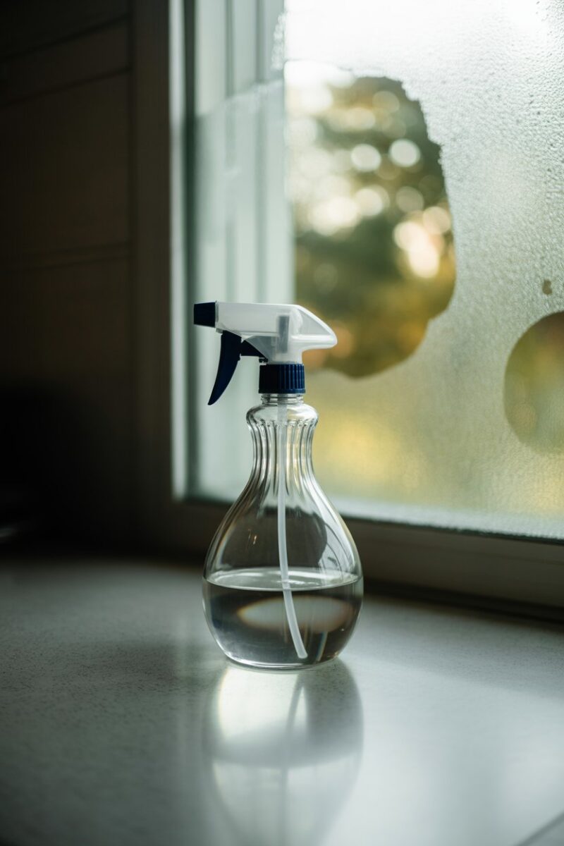 A clear spray bottle filled with liquid, sitting on a kitchen counter next to a foggy glass panel.