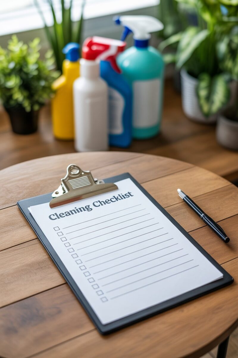 A cleaning checklist with cleaning supplies and plants in the background.