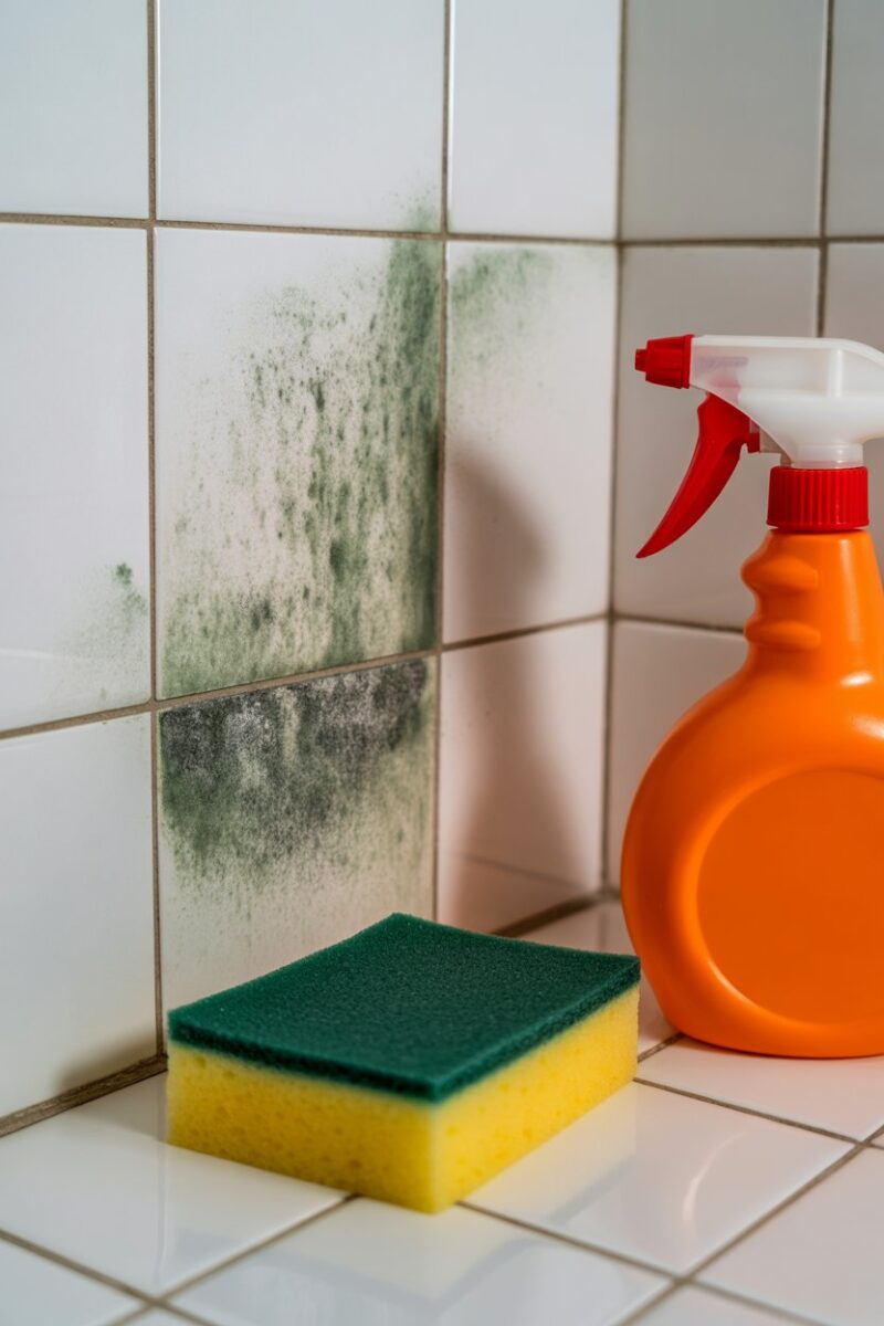 A close-up of mold on bathroom tiles with a spray bottle and sponge.