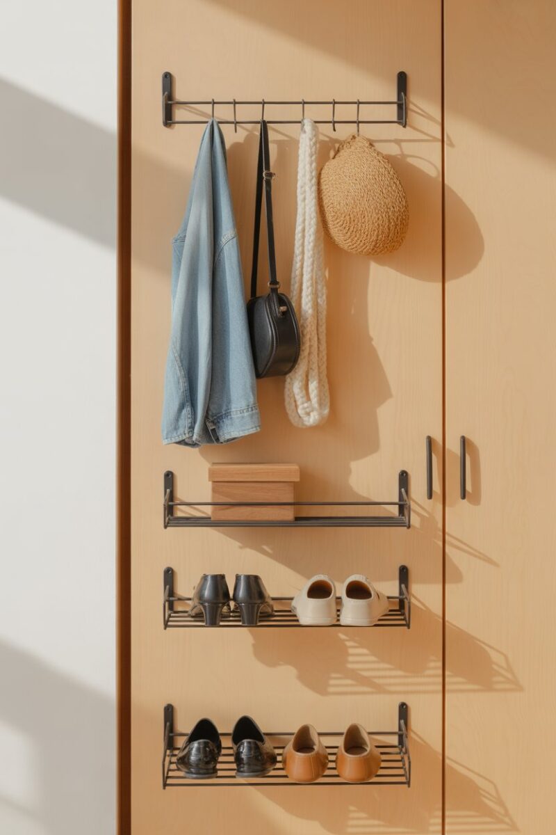 A closet door with hooks and shelves for organizing accessories and shoes.