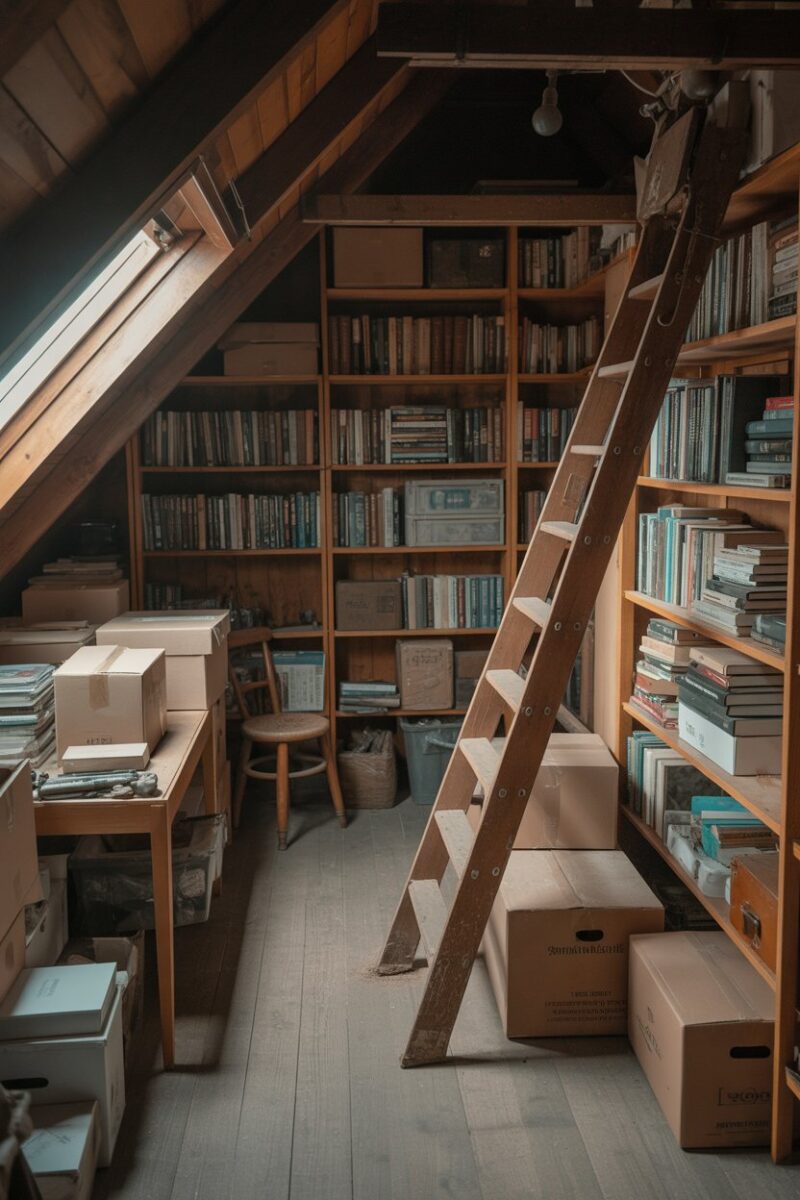 A cluttered attic with a wooden ladder, boxes, and scattered books.