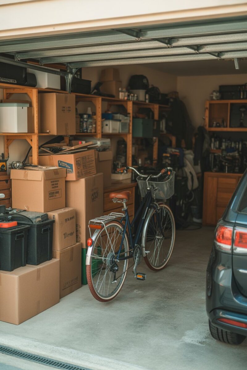 A cluttered garage filled with boxes, tools, and a bicycle.