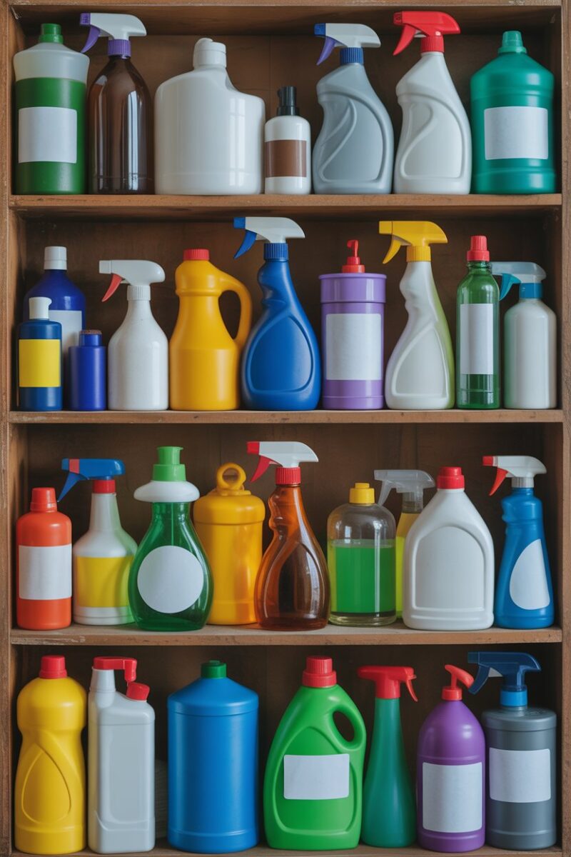 A cluttered shelf filled with various cleaning products.