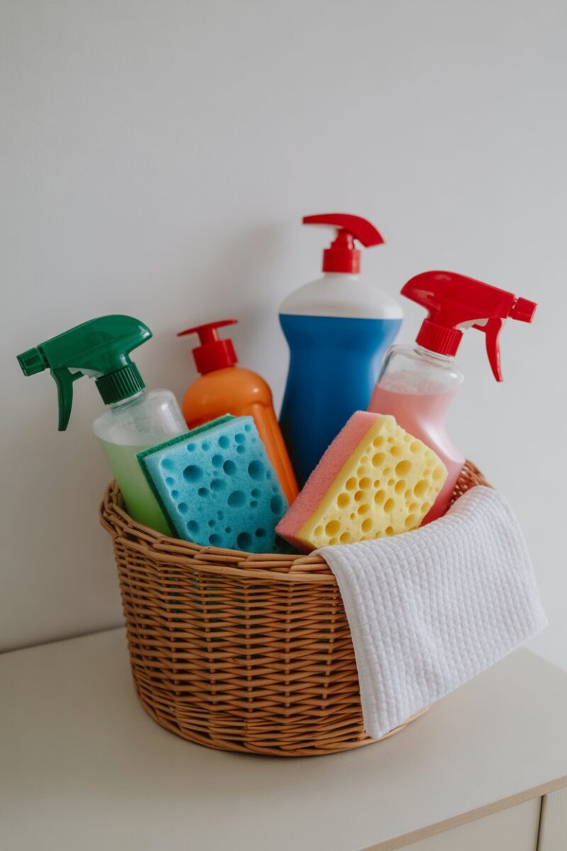 A collection of kid-friendly cleaning supplies including colorful sponges and bottles of cleaner.