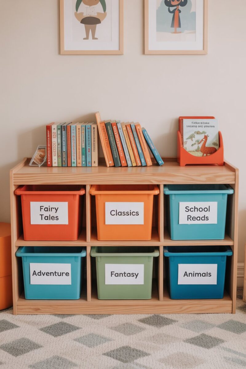 Colorful labeled bins for organizing children's books in a library.