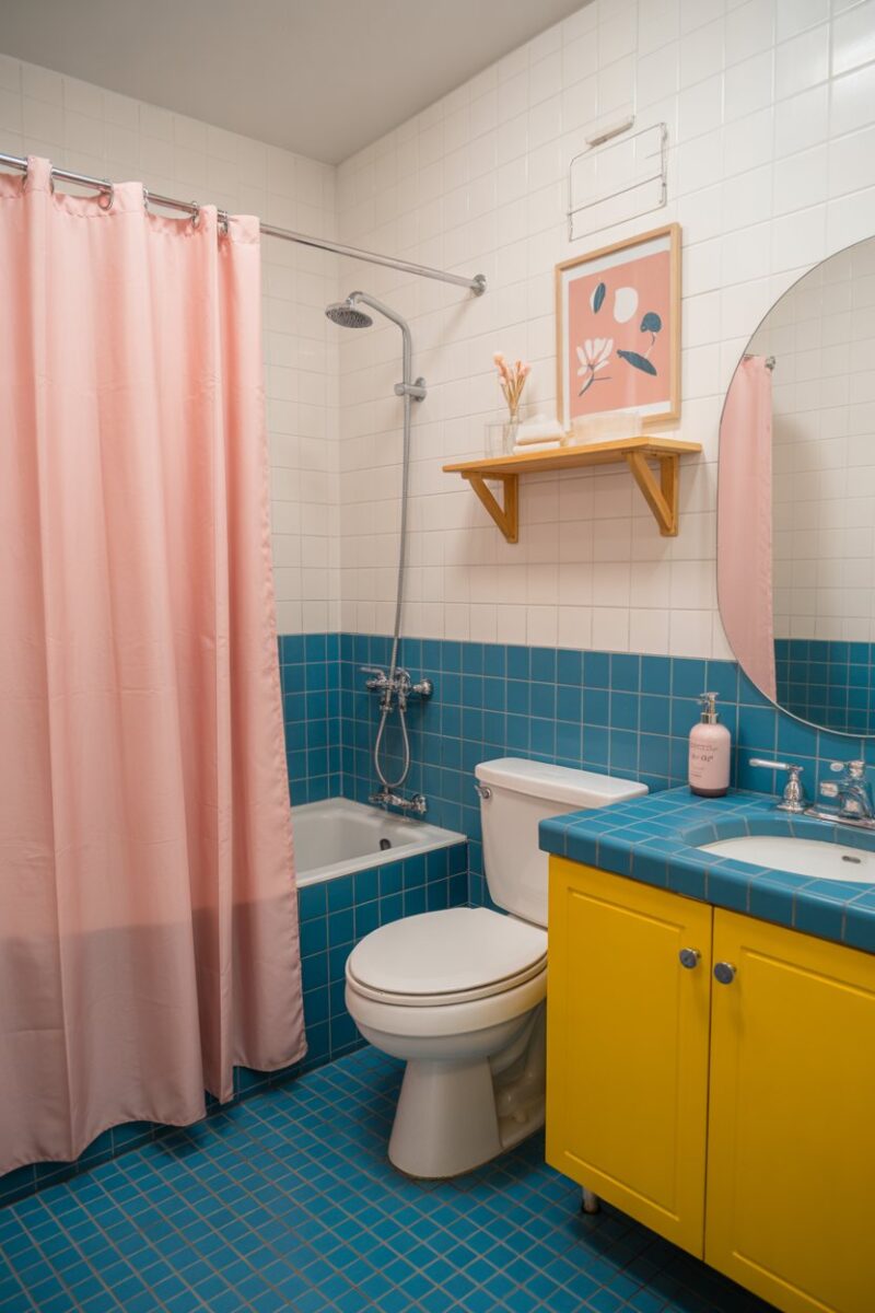 A colorful bathroom with a pink and blue shower curtain, showcasing a clean and tidy space.