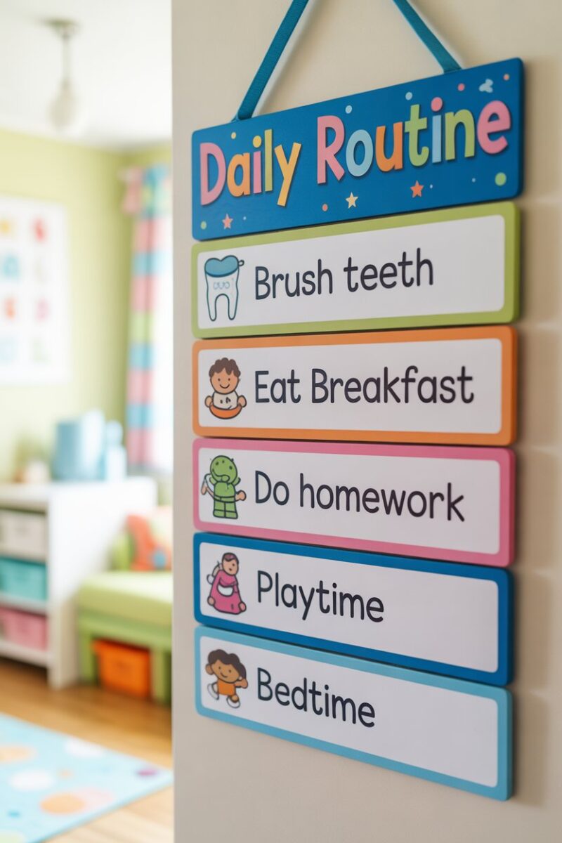 A colorful daily routine chart for kids showing tasks like brushing teeth, eating breakfast, and bedtime.