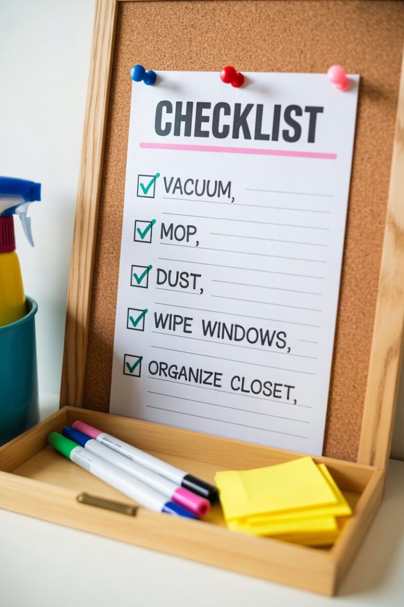 A colorful cleaning checklist pinned on a corkboard with markers nearby.