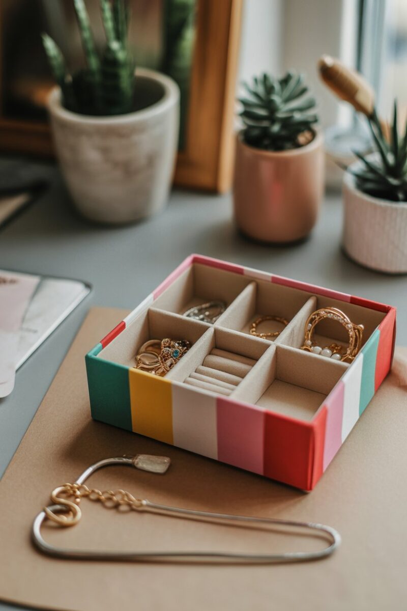 A colorful craft paper jewelry box filled with various accessories on a workspace.