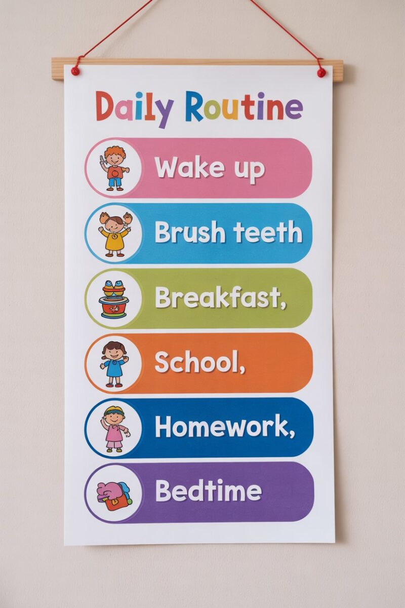 A colorful daily routine chart for kids showing activities like waking up, brushing, having breakfast, going to school, doing homework, and going to bed.