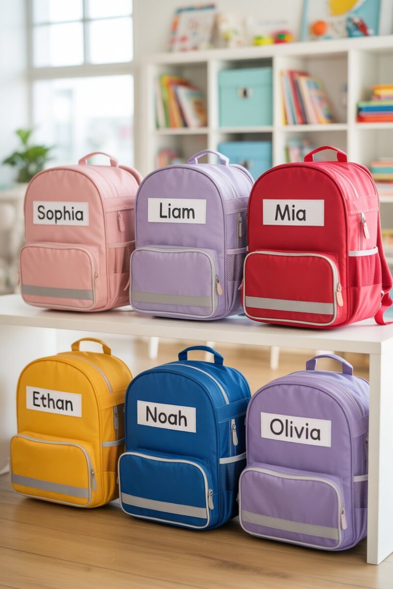 A colorful display of labeled backpacks on a shelf in a bright room.