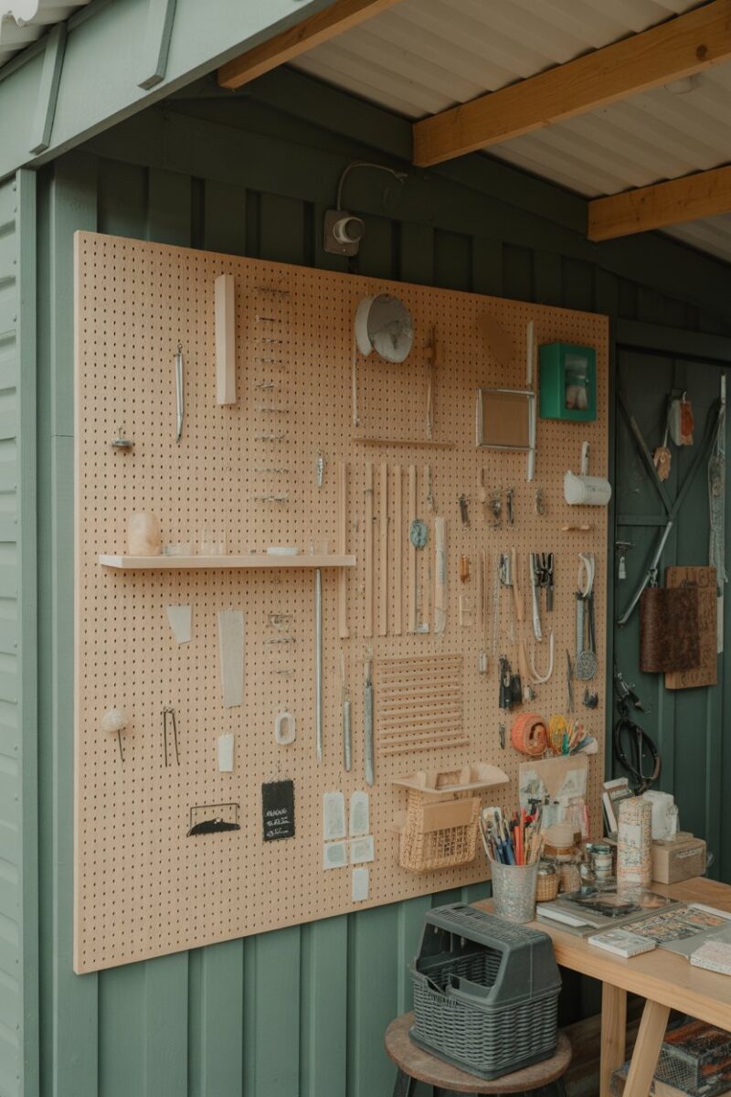 A colorful pegboard displaying various craft supplies and tools in a small shed.