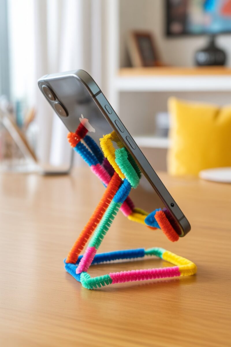 A colorful pipe cleaner phone stand holding a smartphone.